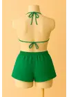 Omarı Yeşil Şortlu Bağlamalı Bikini Takımı