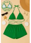 Omarı Yeşil Şortlu Bağlamalı Bikini Takımı