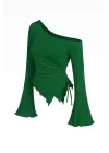 Kadın Yeşil Uzun İspanyol Kollu Asimetirik Yaka Yandan Bağlamalı Drapeli Bluz