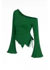 Kadın Yeşil Uzun İspanyol Kollu Asimetirik Yaka Yandan Bağlamalı Drapeli Bluz