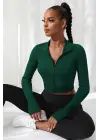 Omarı Yeşil Fermuarlı Crop Top Bluz