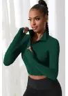 Omarı Yeşil Fermuarlı Crop Top Bluz