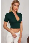 Omarı Yarım Fermuarlı Yeşil Crop Top Bluz