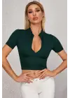 Omarı Yarım Fermuarlı Yeşil Crop Top Bluz