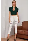 Omarı Yarım Fermuarlı Yeşil Crop Top Bluz