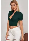 Omarı Yarım Fermuarlı Yeşil Crop Top Bluz