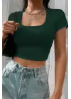 Omarı Yeşil Yarım Kol Crop Top Bluz
