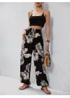 Omarı Yaprak Desenli Yüksek Bel Bağcıklı Pantolon