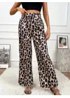 Kadın Yüksek Bel Beli Lastikli Bağcıklı Leopar Desenli Süprem Pantolon