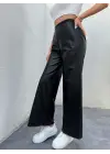 Kadın Yüksek Bel Beli Lastikli Geniş Paçalı Deri Pantolon