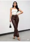 Kadın Yüksek Bel Cepli Deri Pantolon