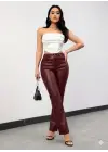 Kadın Yüksek Bel Cepli Deri Pantolon