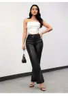Kadın Yüksek Bel Cepli Deri Pantolon