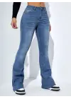 Kadın Yüksek Bel Cepli İspanyol Paçalı Kot Jeans Pantolon