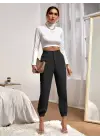 Kadın Yüksek Bel Cepli Paçası Lastikli Ithal Krep Pantolon