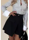 Kadın Yüksek Bel Düğmeli Asimetrik Kesim Cepli Kısa Ithal Krep şort Etek