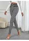 Kadın Kaz Ayağı Desenli Düğme Detaylı Pantolon