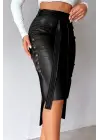 Kadın Yüksek Bel Kuşaklı Yanlardan Düğmeli Mini Deri Etek