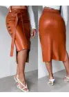 Kadın Yüksek Bel Kuşaklı Yanlardan Düğmeli Mini Deri Etek