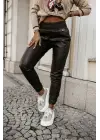 Kadın Yüksek Bel Lastikli Cepli Deri Pantolon