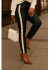 Kadın Yüksek Bel Lastikli Yan şerit Detaylı Deri Pantolon