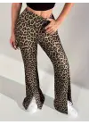 Kadın Yüksek Bel Leopar Desenli Yırtmaçlı Tayt Kadın Giyim