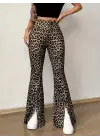 Kadın Yüksek Bel Leopar Desenli Yırtmaçlı Dalgıç Tayt