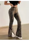 Kadın Yüksek Bel Leopar Desenli Yırtmaçlı Tayt Kadın Giyim