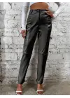 Kadın Yüksek Bel önden Düğmeli Deri Pantolon