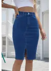 Kadın Yüksek Bel önden Yırtmaçlı Kısa Kot Etek