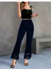 Kadın Yüksek Bel Paçaya Doğru Genişleyen Lazer çiçek Kesim Detaylı Ithal Krep Pantolon