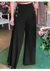 Kadın Yüksek Bel Yan Düğme Detaylı Geniş Paçalı Ithal Krep Pantolon