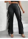Kadın Yüksek Bel Yanlardan Püsküllü Deri Pantolon
