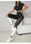 Kadın Yüksek Bel Yanlardan Tül Detaylı çift Renkli Spor Dalgıç Tayt