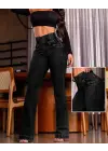 Kadın Yüksek Bel Yanları Lastik önü Düğmeli Kot Pantolon
