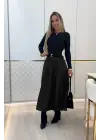 Kadın Yüksek Belli Maxi Deri Kemersiz Etek
