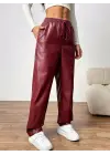 Kadın Yüksel Bel Bağcıklı Deri Pantolon