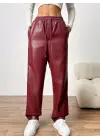 Kadın Yüksel Bel Bağcıklı Deri Pantolon