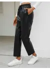 Kadın Yüksel Bel Bağcıklı Deri Pantolon