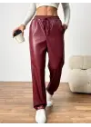 Kadın Yüksel Bel Bağcıklı Deri Pantolon