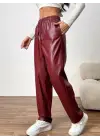 Kadın Yüksel Bel Bağcıklı Deri Pantolon
