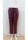 Kadın Yüksel Bel Bağcıklı Deri Pantolon