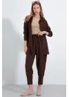 Kahverengi Oversize Keten Alt Üst Takım 6622