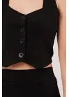 Kalın Askılı Düğmeli Yelek Ve Pantolon Siyah Takım