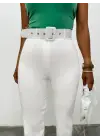 Kalın Kemerli Kumaş Pantalon   -Ekru