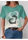 Omarı Kalp Baskılı Kadın Kısa Kollu Bisiklet Yaka Bluz