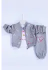 Kalp Desenli Hırkalı Pamuklu 3lü Kız Bebek Takımı