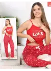 Omarı Romantik İp Askılı Pijama Takımı - Kırmızı Kalp Desenli