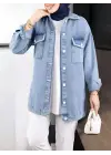 Kapaklı Cepli Puntolu Buz Mavi Kot Ceket