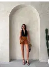Kapaklı şort etek camel s208